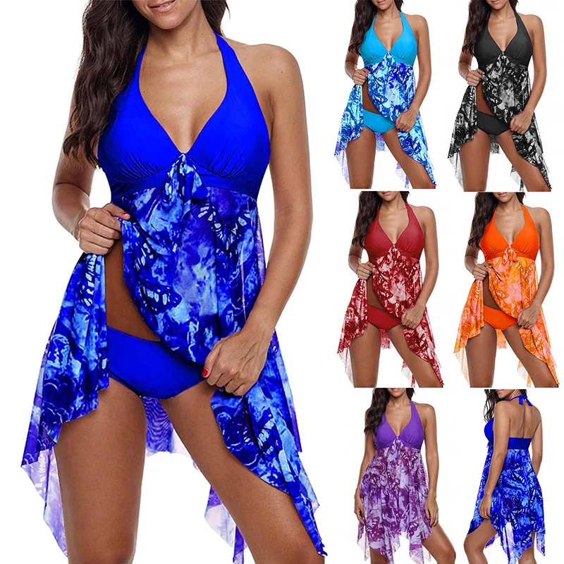 Women Summer Print Swimsuits Irregular Padded Bra Size Swimming Dress Shorts Beach Halter Two Piece Bathing Suit 2