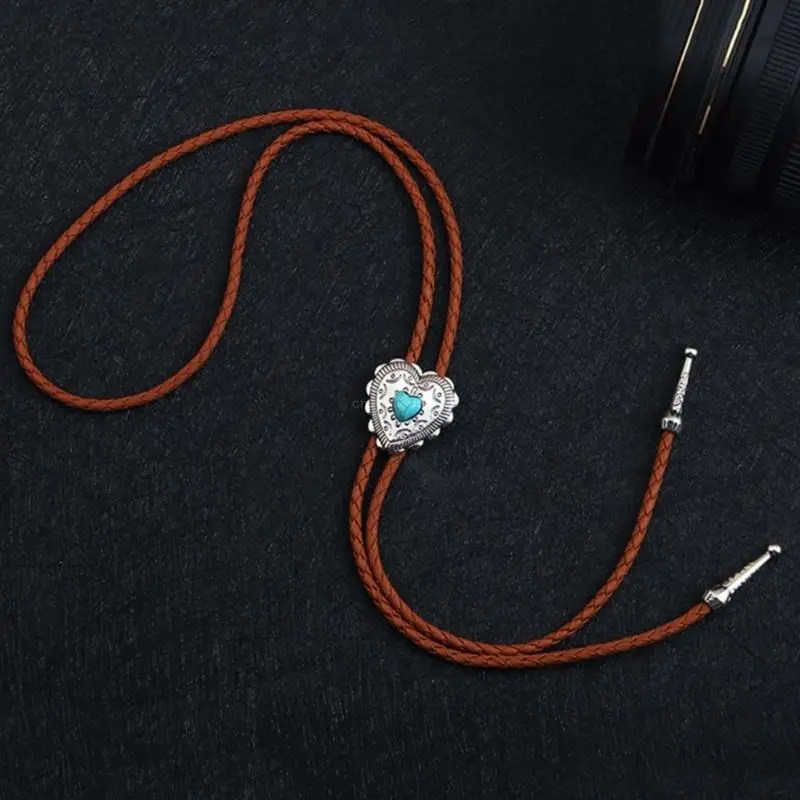 Elegant Bolo Tie with Heart Pendant Carved Necktie Western Necklace Cool Bolo Tie Western Cowboy Costume