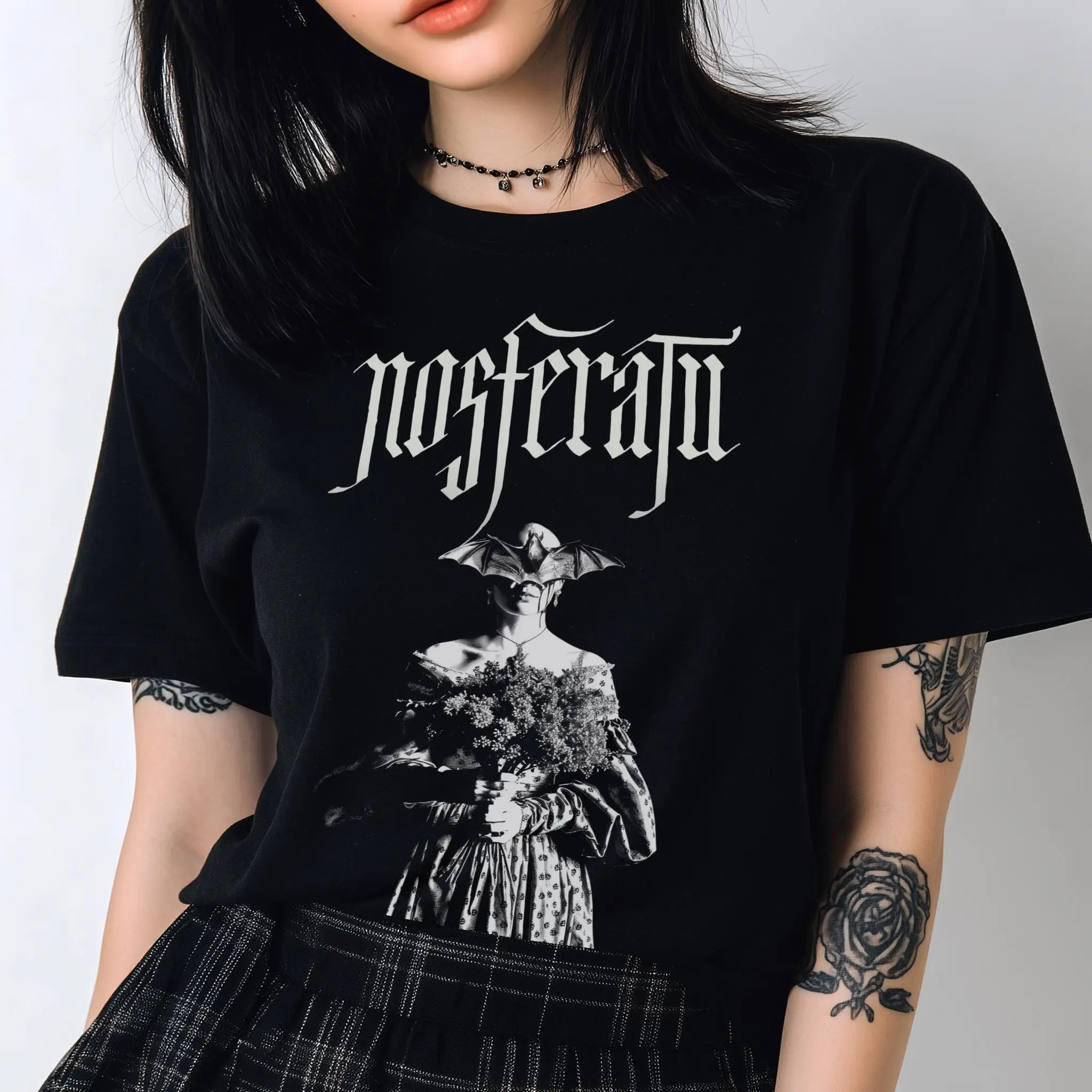 T-Shirt mit Nosferatu-Muster | Retro-Film-T-Shirt, Geschenk für Vampir-Fans, Gothic-Film-T-Shirt mit romantischem Druckmuster