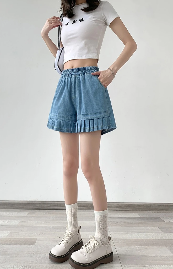 2026 frauen Breite Bein Fünf Viertel Hosen Lose Rüschen Gespleißt Jeans Shorts Sommer Neue Stil Casual Vielseitige Kurze Hosen – Detail 19