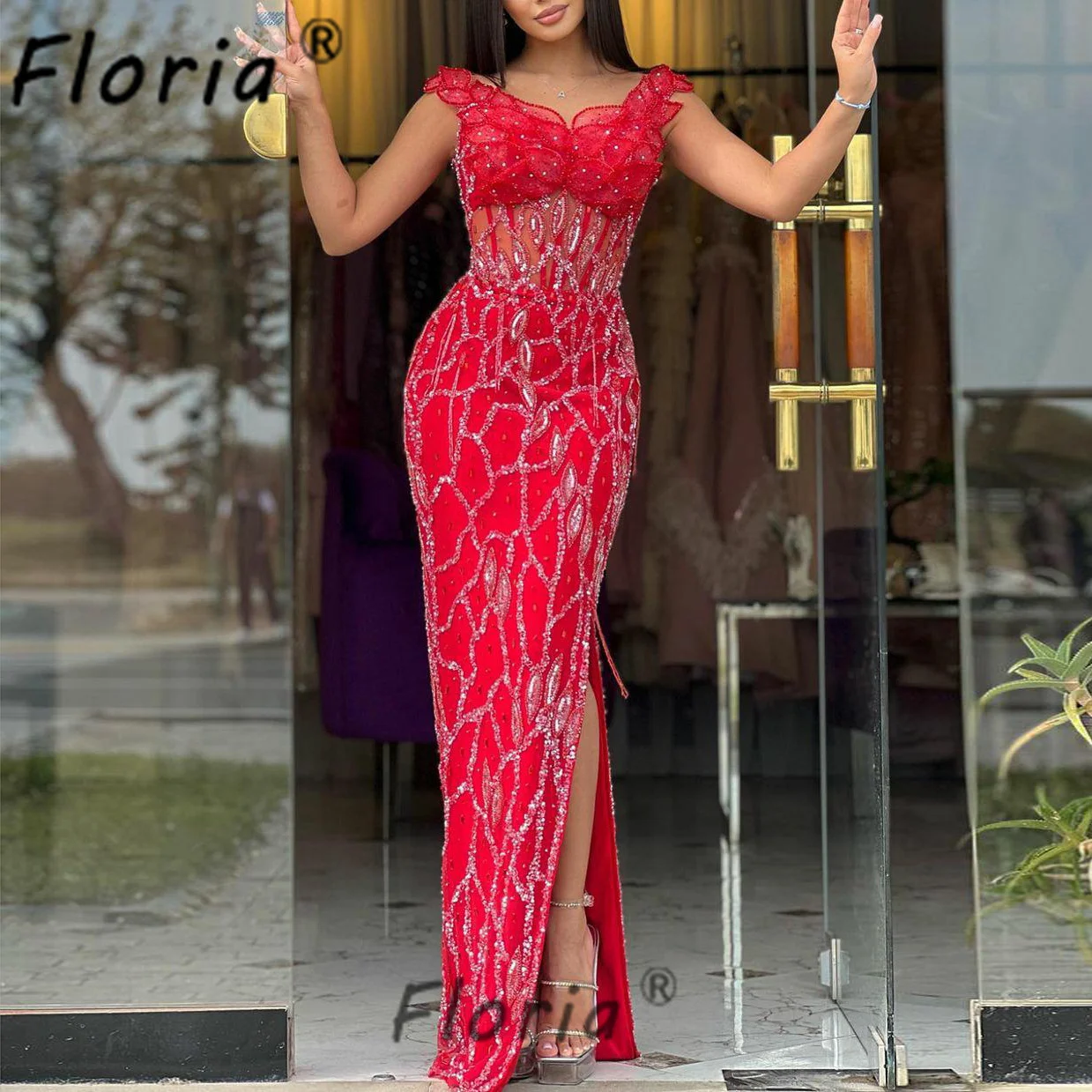 

Elegant Modest Red Mermaid Wedding Party Dress with Silver Beads 3D Leaves Lace Side Slit Formal Evening Gowns Robe de mariee