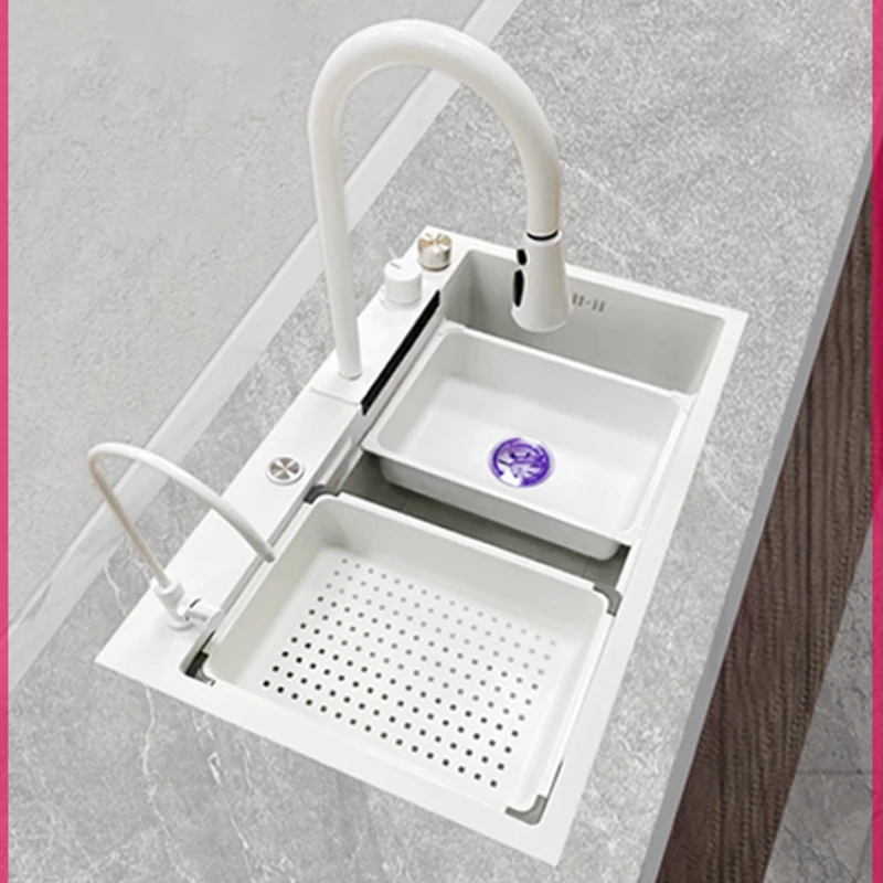 

304 Stainless Steel White Waterfall Faucets Large Single Sink Embedded Nano Dishwashing Undercounter Basin