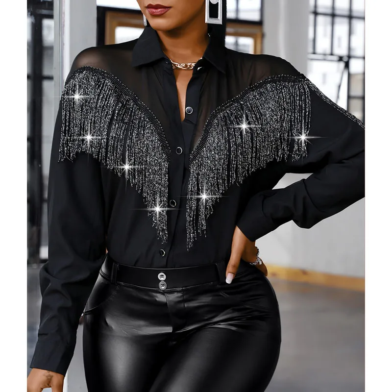 Women Patchwork Lapel Fashion Sleeve Black Blouse Elegant Sequin Shiny Tassel Streetwear Casual Bluse