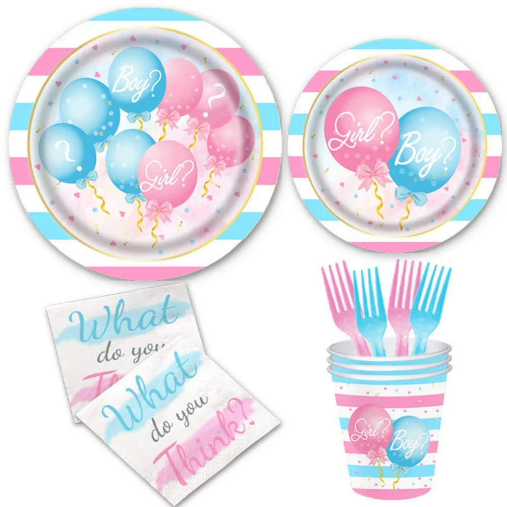 Pink Gender Reveal Theme Disposable Party Paper Tissue Paper Plate Tableware Set Birthday Party Cup Supplies 16 Servings