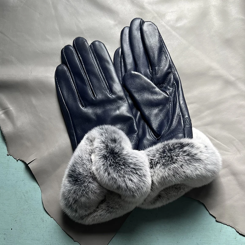 Autumn winter women's genuine leather gloves 100% real rex rabbit fur genuine sheepskin mittens black red blue pink