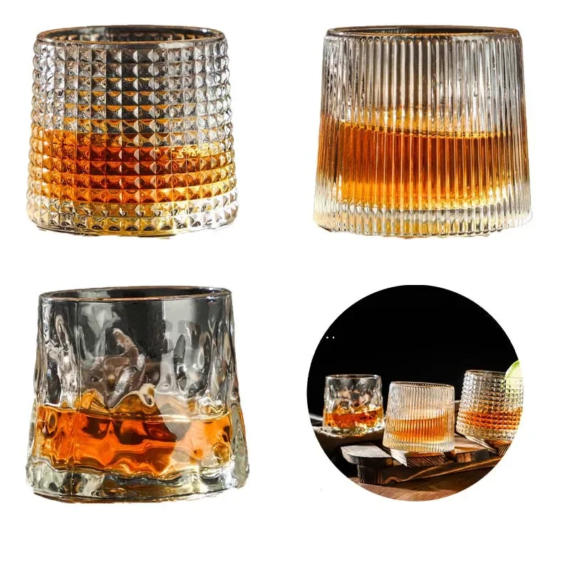 200ML Whiskey Glass Cup Novelty Rotatable Barware Old Fashioned Wine Glass Coffee Cup for Liquor Scotch Bourbon Bar Drinkware