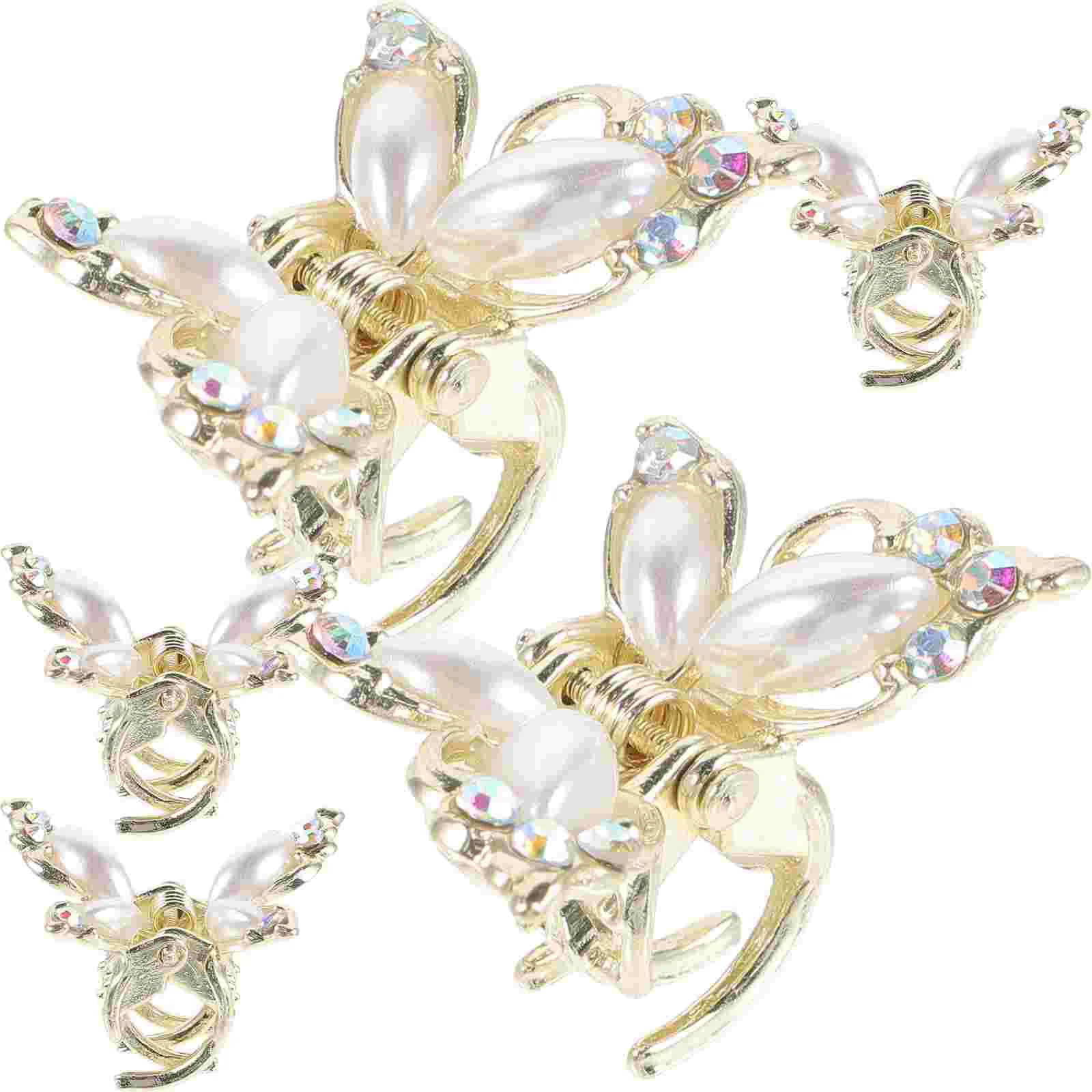 

5 Pcs Big Butterfly Decorated with Small Grabber Alloy Rhinestone Hairpin Mini Bangs Clip Crystal Pearl 5pc (gold) Bride Clips