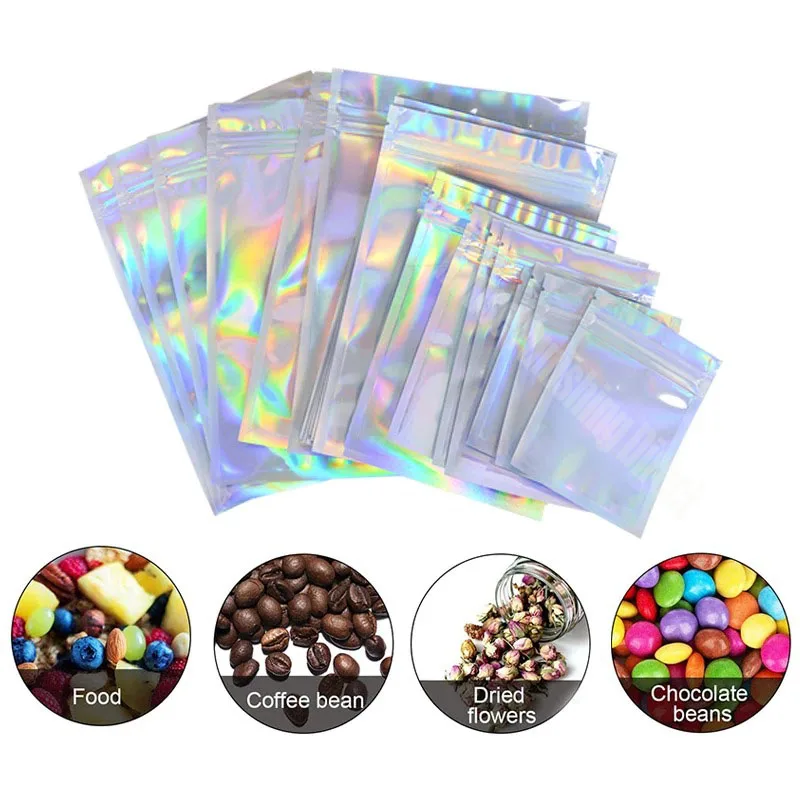 200PCS Laser Ziplock Bag Necklace Earrings Jewelry Gift Packing Bags Cell Phone Cases Colorful Packing Bags Kitchen Organizer