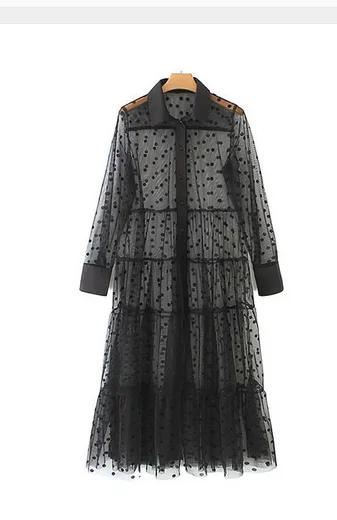 

Women Sexy See-through Dress Long Sleeve Polka Dot Print Lapel Mesh Beach Cover-up Dress