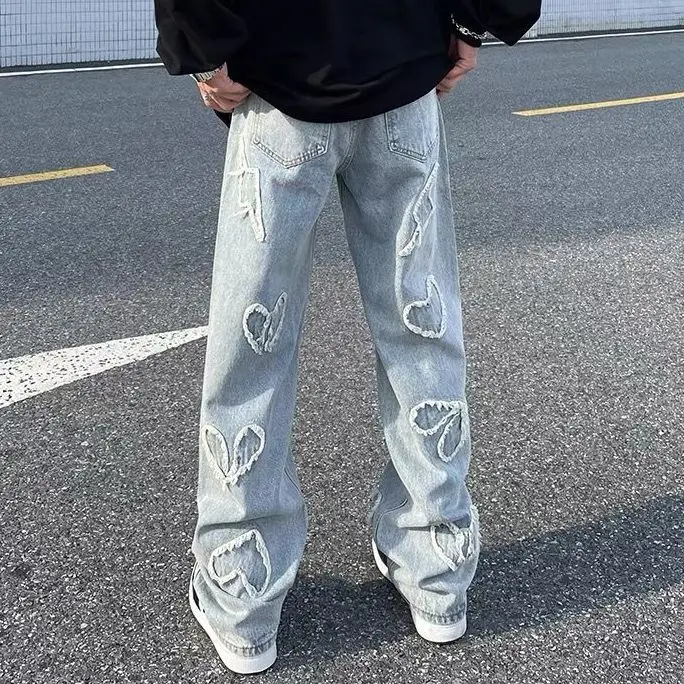 

2023 Spring Autumn Men Jeans Fashion Wide Leg Denim Pants Retro Hip Hop Straight Loose Casual Chic Trousers Streetwear Z156