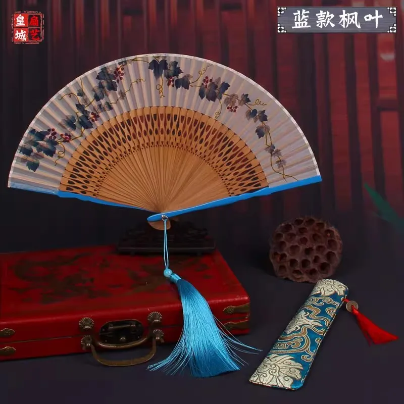 Japanese ChineseStyle Silk Folding Fan Handmade Cherry Blossom Floral Embroidery Portable Hand Fan for Women，Traditional Orienta