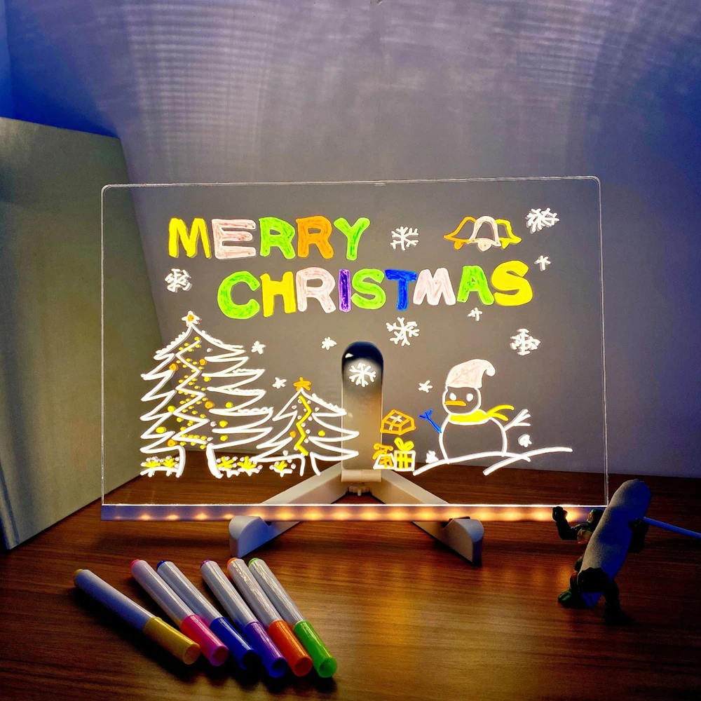 USB LED Night Light Acrylic Message Note Board Lamp With Bracket Erasable Children Drawing Board Kids Gifts Bedroom Night Lamp