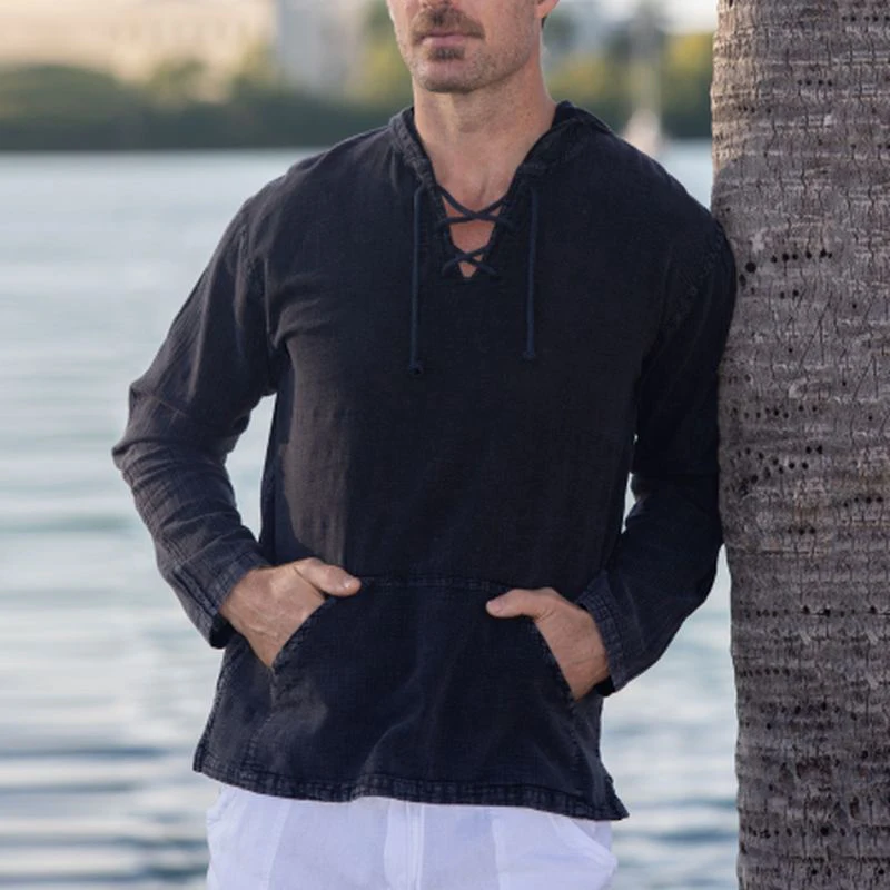 

Fashion Solid Color Cotton Linen Shirts Tops Men Spring Summer Vintage Long Sleeve Drawstring V Neck Pullovers Mens Clothes 2023