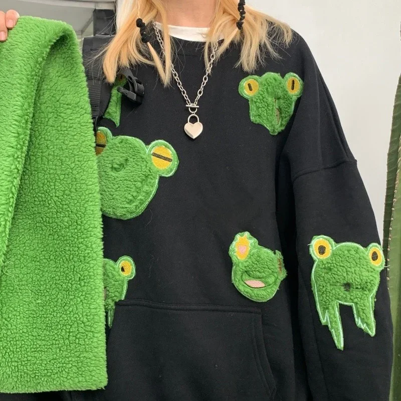 Pullover Sweater with Frog Embroidery Scarf for Men and Women Couples Harajuku Japanese Streetwear Men's Sweaters Couple Wear