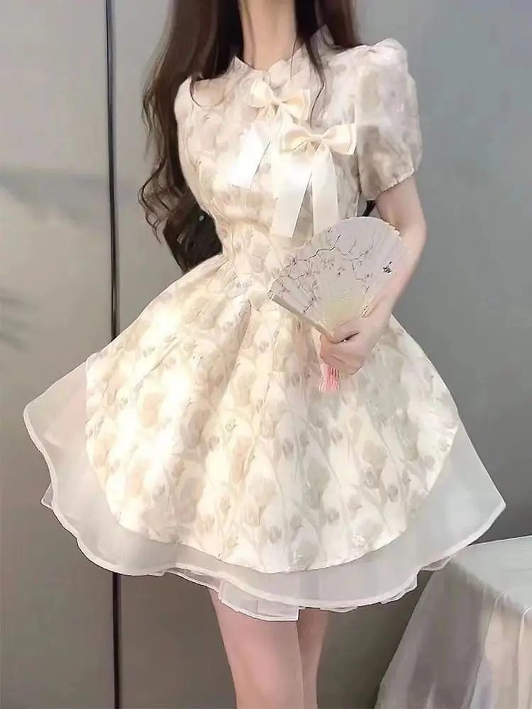 

Korean Style Fashion Floral for Women Dress 2024 New Spring Summer Temperament Tighten The Waist Dress Elegant Princess Dress