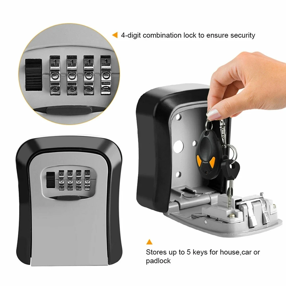 Key Lock Box With 4 Digit Combination - Outdoor Key Safe Wall Mount - Weatherproof Key Storage For Home, Office