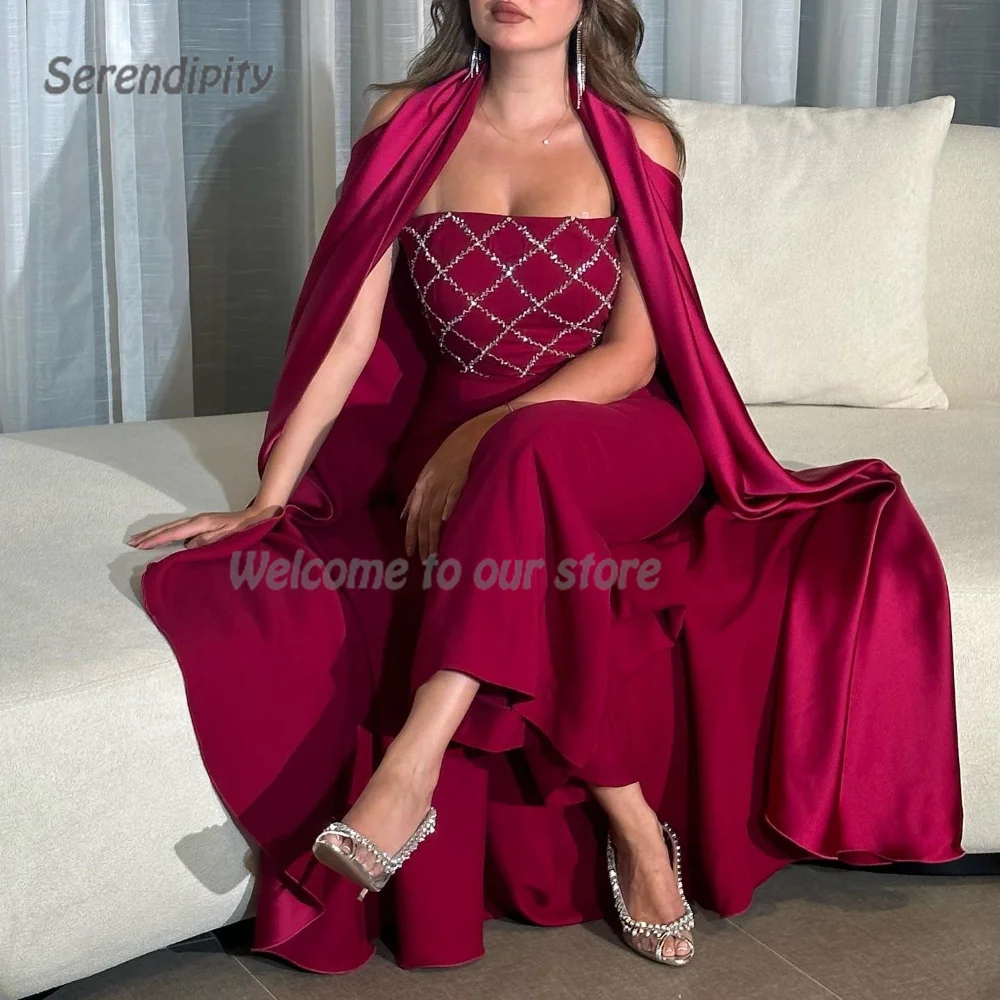 

Serendipity Trumpet Arab Mosque Ramadan Evening Dress Strapless Shiny Sequined Cocktail Wine Red Prom Gown For Islamic Women