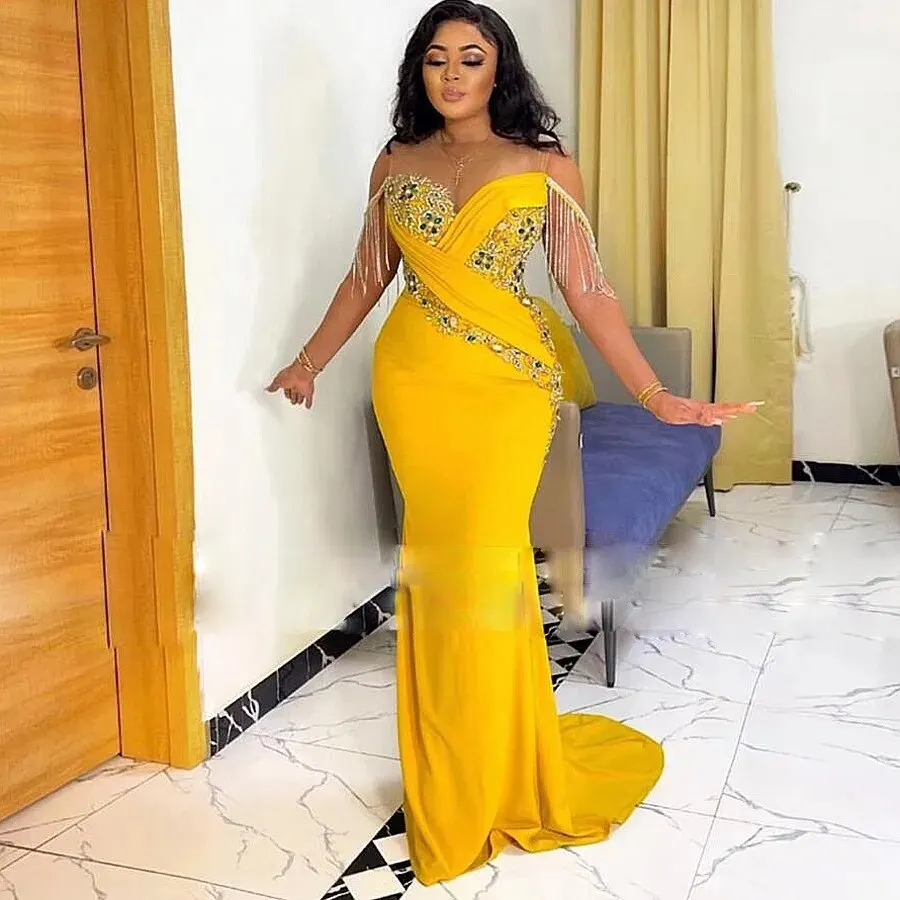 

Aso Ebi Mermaid Prom Dresses With Tassels Sheer Neck Beads Appliques Off The Shoulder Evening Dress For African Women Party Gown