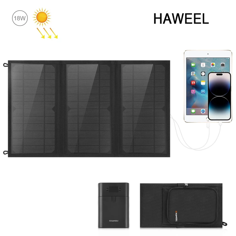 

HAWEEL 18W Foldable Solar Panel Charger Outdoor Bag 3 Monocrystalline Panels 5V / 3.1A Dual USB Type-C Ports QC3.0 Fast Charging