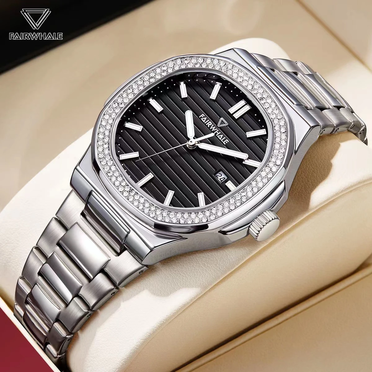 

New Quartz Fashion Watch For Men Auto Date Waterproof Business Watches Luxury Iced Diamond Stainless Steel Man Wristwatches 2023