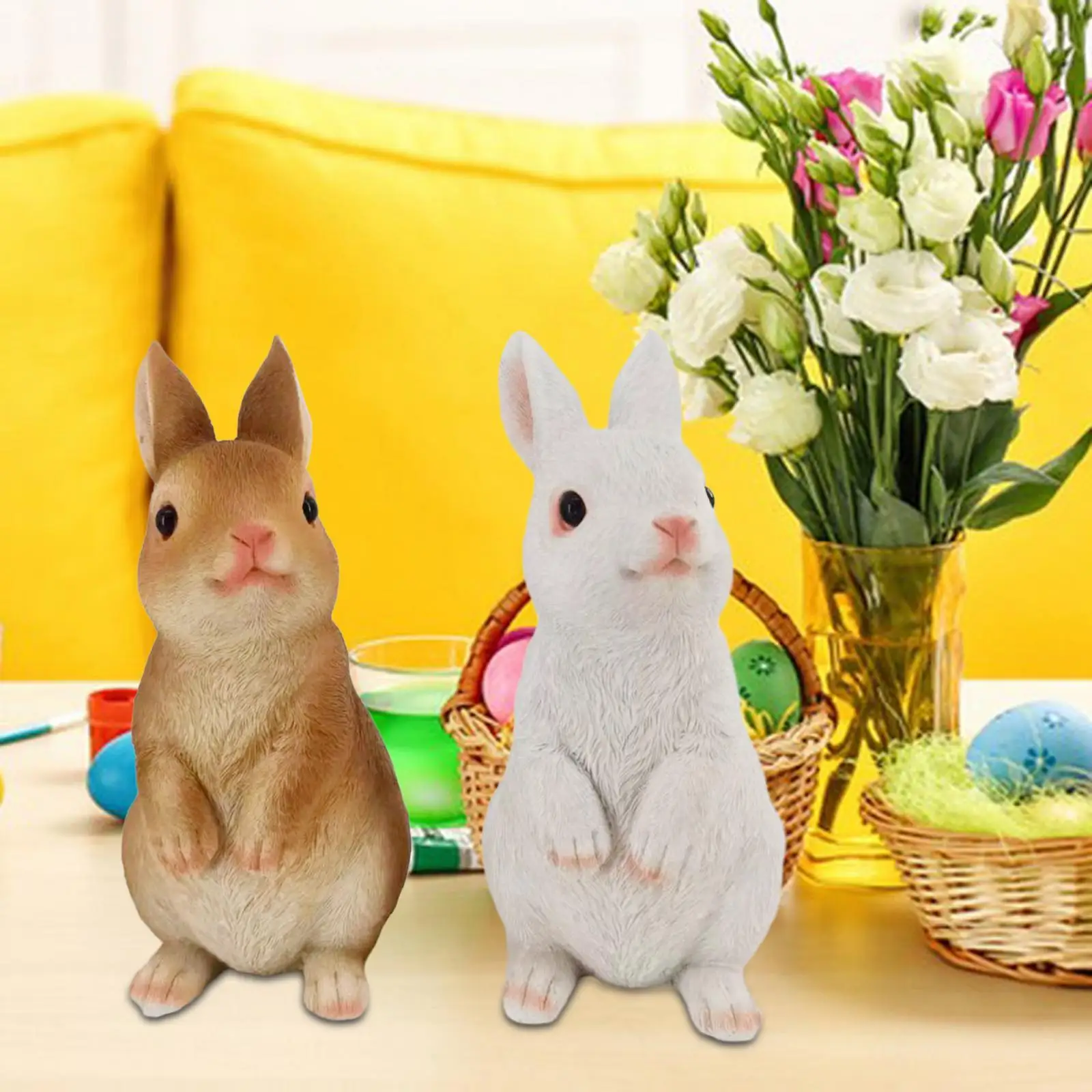 

2x Bunny Figurines Easter Decor Rabbit Small Desktop Ornaments Cute Resin Sculptures for Balcony Lawn Outside Outdoors Indoors