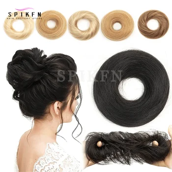 SPIKFN Curly Wave Messy Bun Human Hair Extensions Basic Style Ponytail Hairpieces for Daily and Party Wear 100% Human Hair