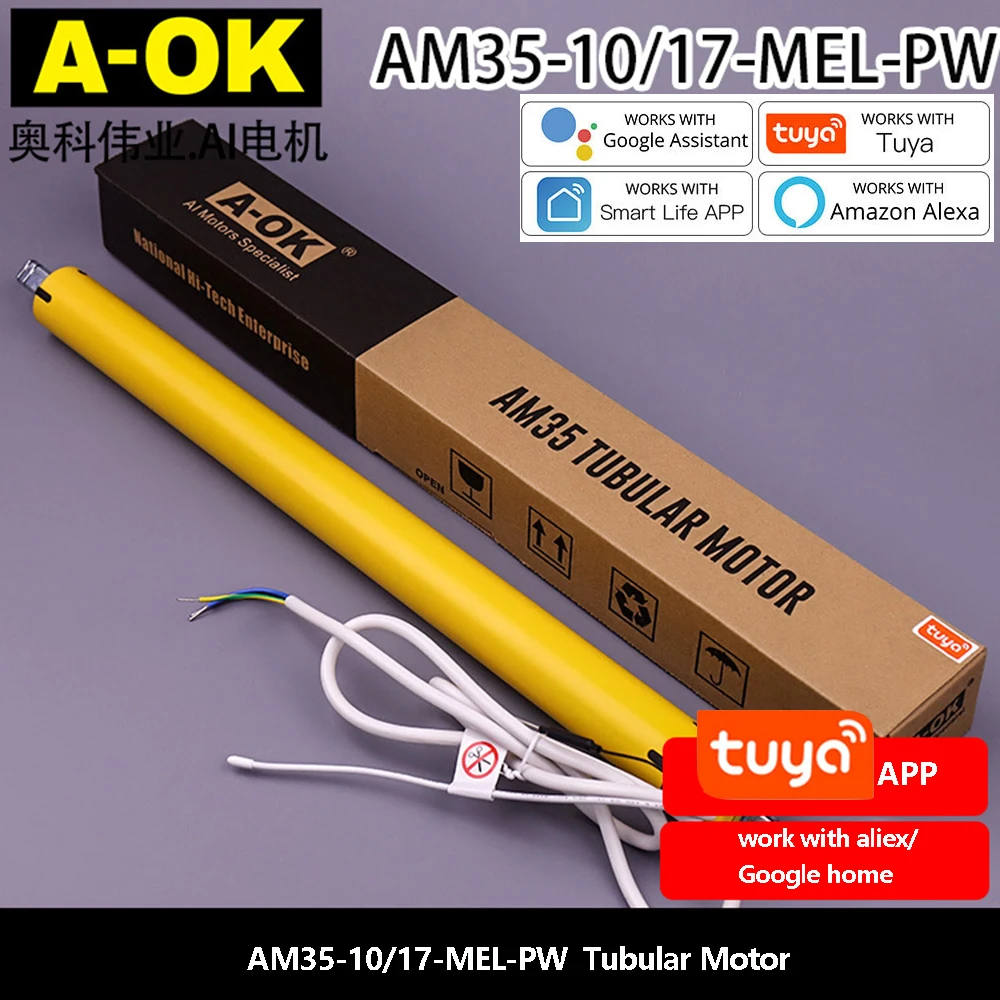 มอเตอร์ท่อ A-OK AM35-10/17-MEL-PW Tuya WiFi สำหรับม่านม้วนอัจฉริยะ สำหรับท่อขนาด 40 มม./45 มม./47 มม./50 มม. ทำงานร่วมกับ Alexa 1