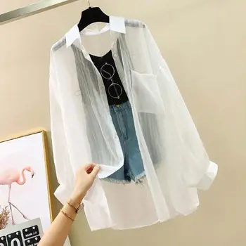 Summer Sunscreen Shirt Elegant Perspective Thin Chiffon Blouse Korean Harajuku See Through Loose Top Casual Women's Cardigan 3
