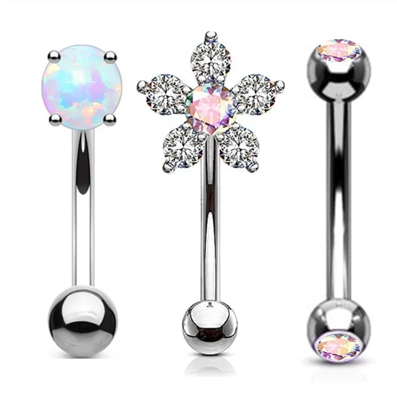 Elegant Heart Crystal Curved Barbell & CZ Star Eyebrow Ring Set - 3-Piece Collection