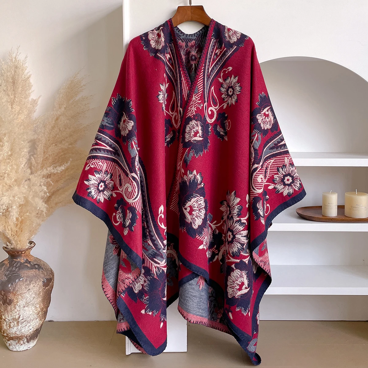 Brand Fashion Women's Winter Cashmere Shawl - Bright Floral Oil Painting Printed Pashmina Thick Wrap, Poncho & Echarpe