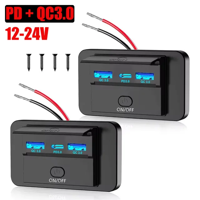 2024 3 Ports 12V RV USB Outlet 72W Dual USB C 36W and Dual QC 3.0 18W Port Car Charger Socket Accessories for Car Bus RV Truck 1