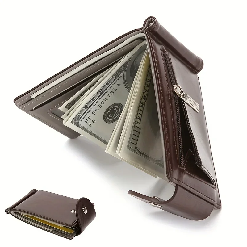 Men's Money Clip Luxury Simple Slim PU Leather Wallet Zipper Coin Purse Money Clip Credit Card Holder
