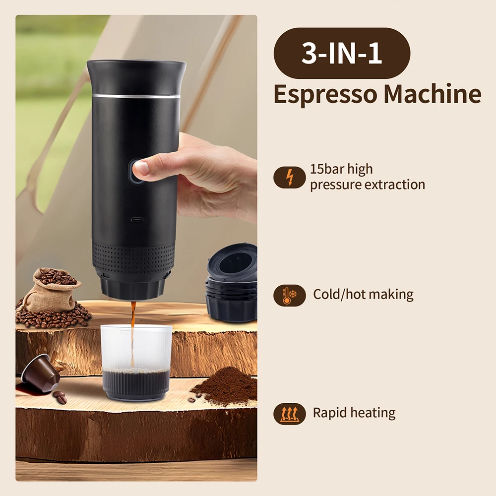 3-in-1 Portable Coffee Machine Wireless Capsule Coffee Machine Espresso Maker Travel Home Use Automatic Maker