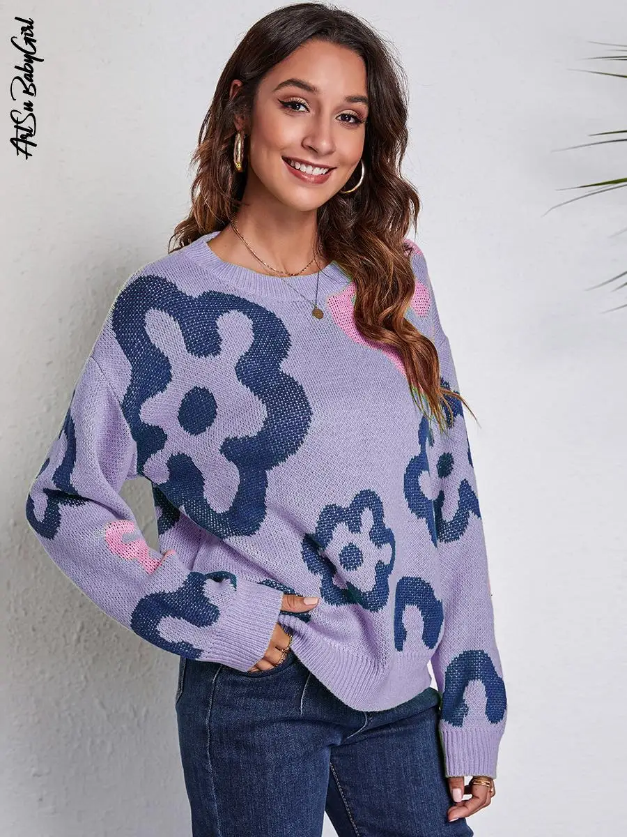 

Printed Pullover Sweater Long Sleeve Tops Women's Clothing Autumn Winter Green Jumper Female Streetwear Purple Knitted Sweaters