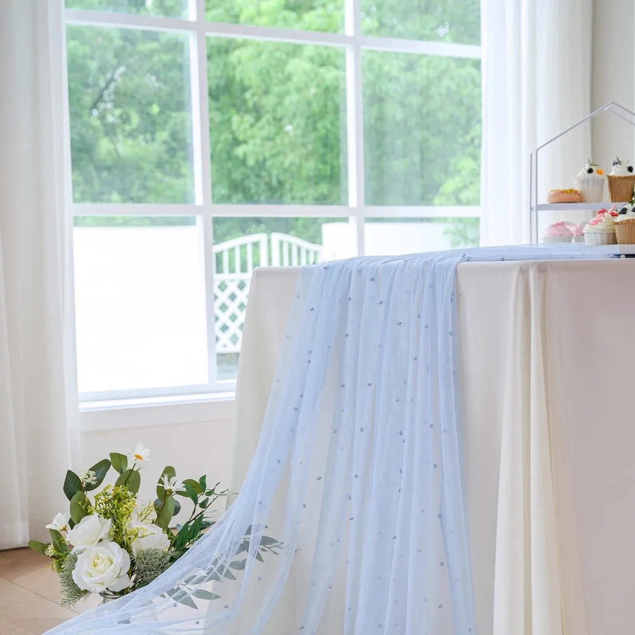 Tule tafelloper met parels, roze, 3 m, voor bruiloftsbogen