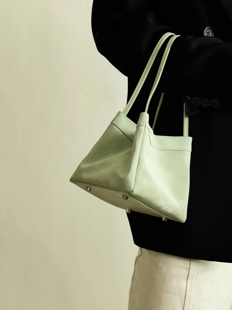 

Green Cute Bucket Shoulder Bag Genuine Leather Women Bag\Handbag Fashion Simple Real Leather Female Box Tote Bag Small