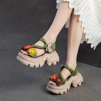 GKTINOO 2026 New Retro Flower Peep Toe Platform Sandals Breathable Genuine Leather Versatile Summer Women's Shoes 1