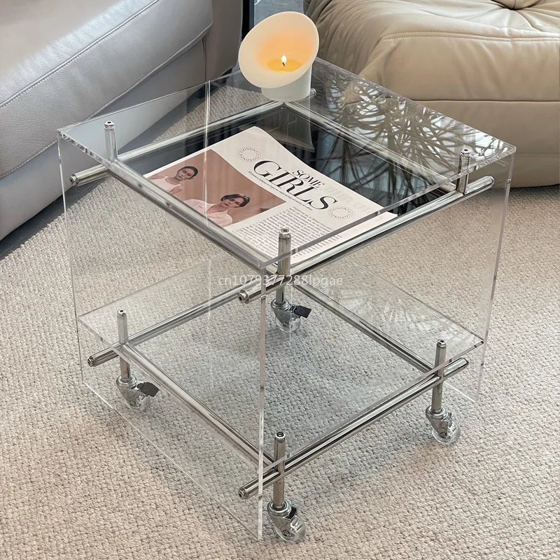 

Acrylic Cart Storage Rack Transparent Ins Sofa Side Table End Table Medieval Stainless Steel Movable Bedside Table