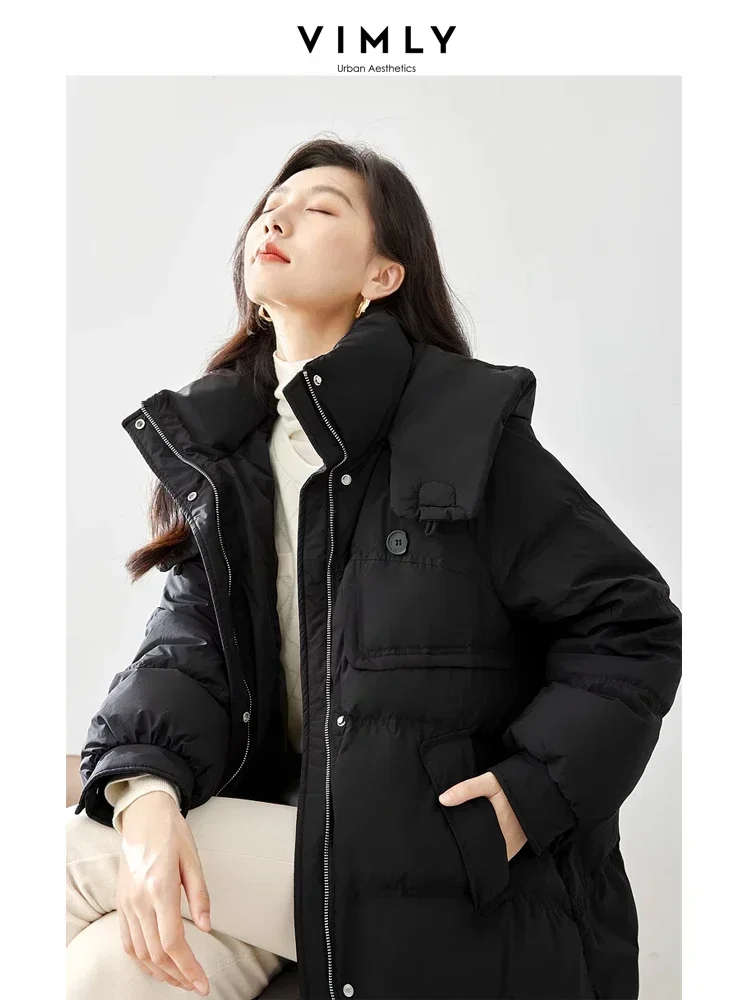 Vimly Black Long Down Jackets for Women 2023 Hooded Zipper Stand Collar Windproof Warm Women's Winter Coat Female Clothes 50612