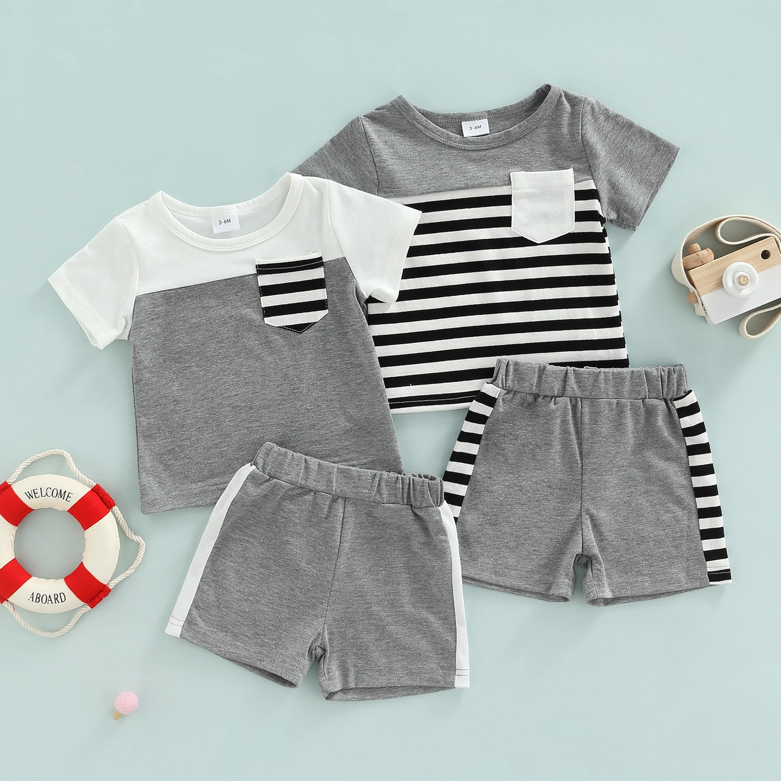 Baby Boys Summer Clothes Set Contrast Color Striped Short Sleeve T
