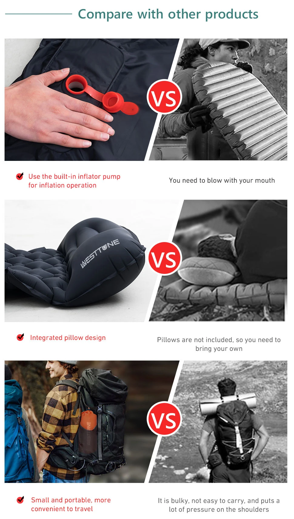 Camping sleeping pad with pillow