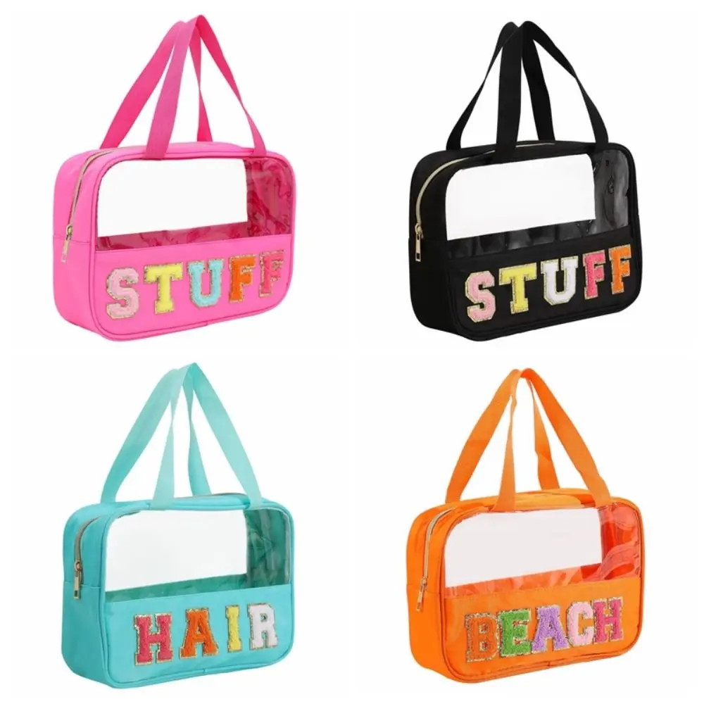 Chenille Letter Patch Snack Bags PVC Zipper Clear Bag Plush Cosmetic Bag