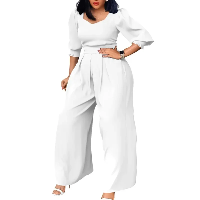 African Clothes for Women Outfits Loose Jumpsuit Fashion Streetwear 3/4 Sleeve Blue White Red Black Polyester Wide Leg Jumpsuit