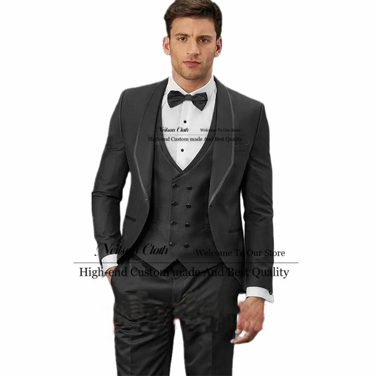 

Fashion Black Men Suits Shawl Lapel Groom Wedding Tuxedos 3 Pieces Sets Male Prom Blazers Groomsmen Slim Fit Terno Masculino