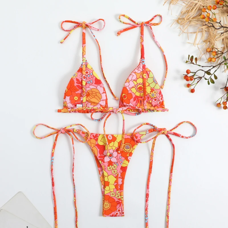 

Sexy Flower Print Bikini 3 Women Swimsuit Female Swimwear Thong Bikinis Set Brazilian Halter Beach Wear Bathing Suit