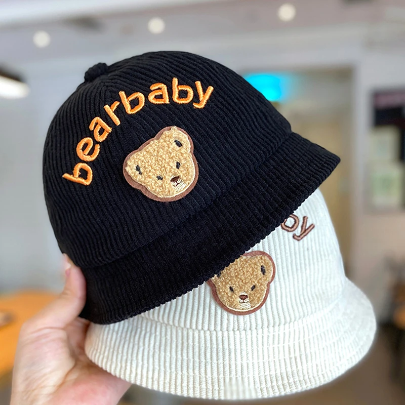 Autumn Corduroy Baby Fisherman Cap Cute Cartoon Bear Kids Basin Caps 6-24M Boys Girls Outdoor Sunshade Visors Toddler Bucket Hat 5