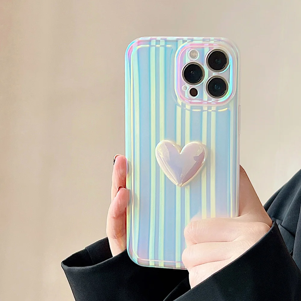 

Laser Gradient Striped Love Heart Phone Case For iPhone 14 13 12 Pro Max Case iPhone 11 Soft Silicone Lens Protection Covers
