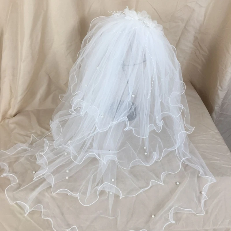 

New 4 Layers Faux Pearl Beading Soft Tulle Short Wedding Veil Vintage Artificial Flower Bridal Hair Accessory Comb