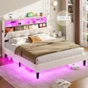 Bed Frame with Led Lights and Storage Headboard, LED Bed Frame with Charging Station, Velvet Upholstered Platform Bed Frame 1