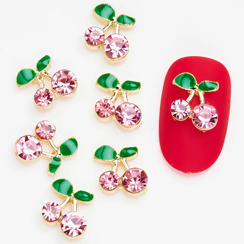 20 Stücke 3D Rot/Rosa Kristall Kirsche Nagel Charms Gold/Silber Metall Kirsche Nail art Strass 10x14mm Glänzende Legierung Kirsche Nagel Teile – Detail 9